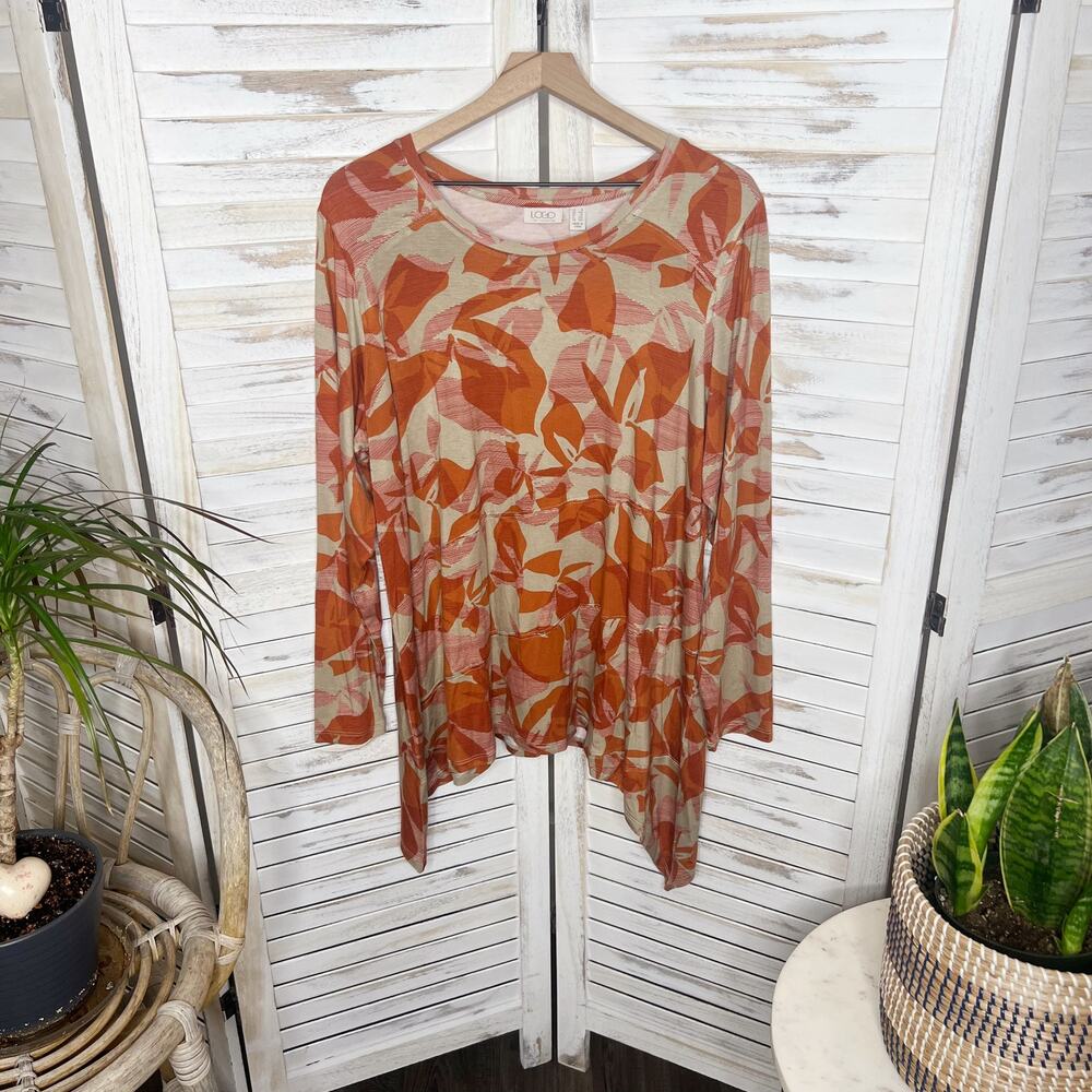 LOGO LORI GOLDSTEIN Women's Plus 1X Printed Floral Jersey Seamed Top Orange Clay - Picture 8 of 9